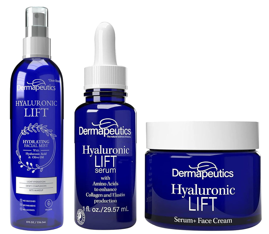 Dermapeutics Hyaluronic Lift Serum, Moisturizing Cream & and Mist Bundle for Face, 1 ounce serum, 2 ounce cream & 8 ounce Spray | Amino Acids Enhance Collagen and Elastin | For all Skin Types