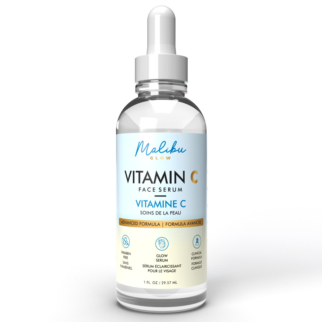 Malibu Glow Vitamin C Serum for Face + Hyaluronic Acid + Vitamin E, Diminishes the Signs of Aging, Serum Vitamina C para la cara, Ideal For All Skin Types - 1 Fl Oz